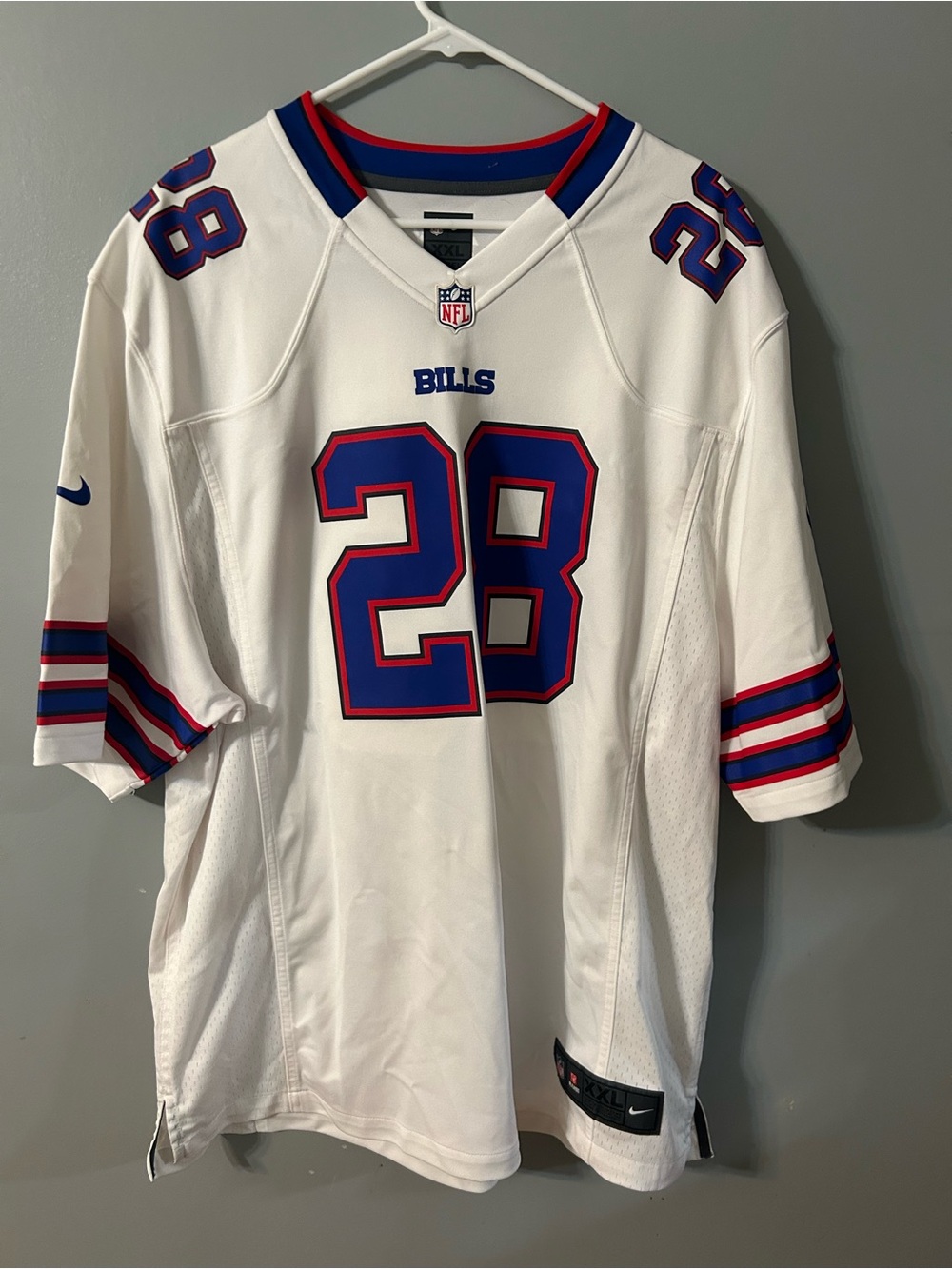 Nike White Buffalo Bills #28 Away Football Jersey with Blue & Red Trim